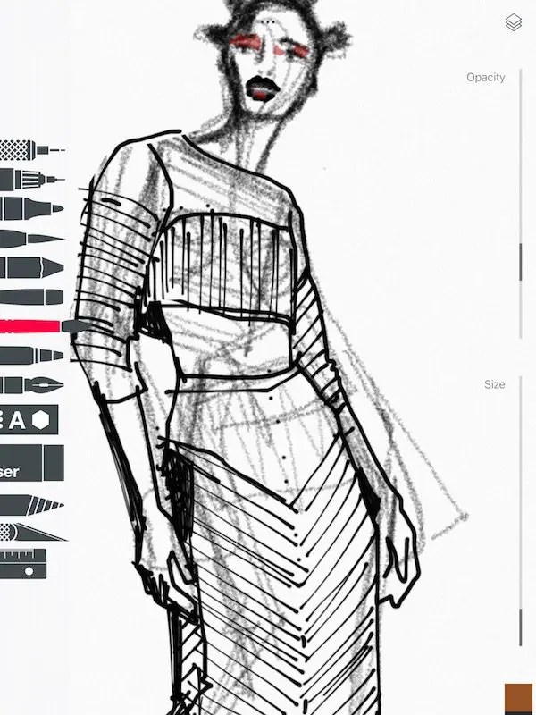 Вот пошаговый пример моей растущей иллюстрации моды в приложении Tayasui Sketches